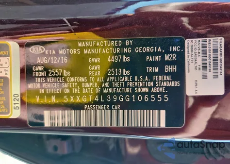 2016 Kia Optima Lx from USA, damaged, VIN 5XXGT4L39GG106555